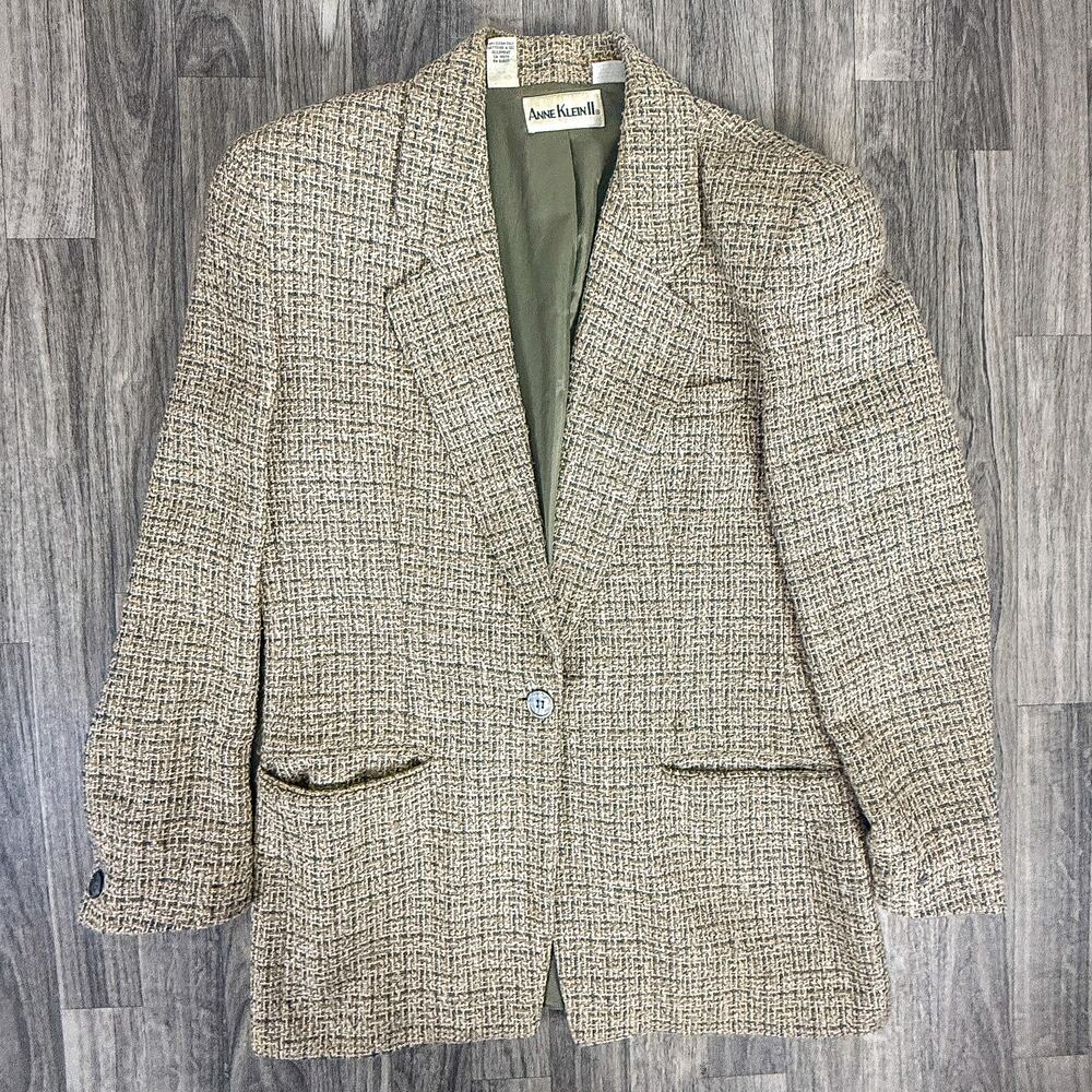 Anne Klein II Women Beige Textured Tweed Blazer Jacket Fully Lined Career